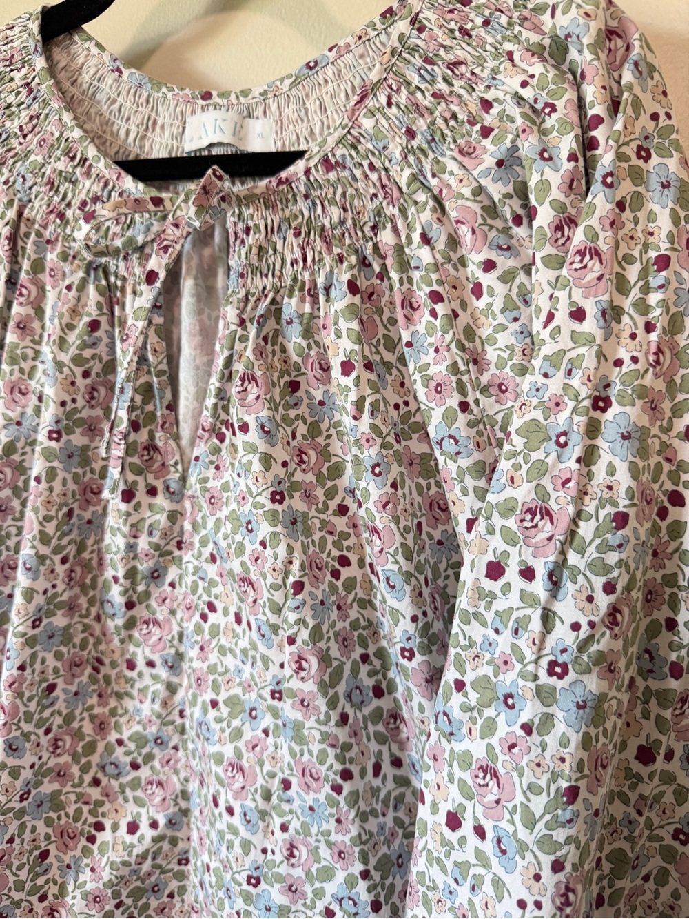 LAKE Hammock pink blue floral balloon sleeve bow tie blouse shirt size XL cotton - Picture 4 of 6